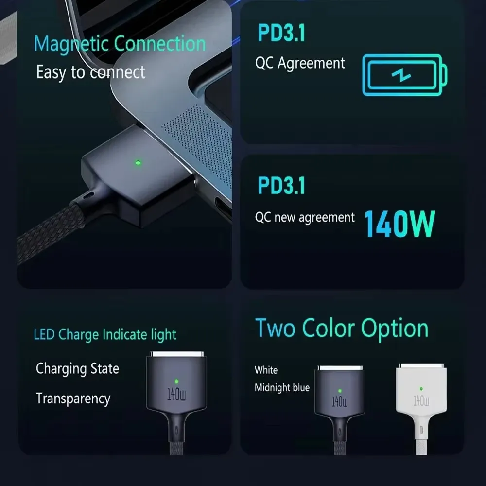 Câble de charge USB-C vers MagSafe 3 140 W, magnétique, 2 m, compatible MacBook Air/Pro A2442, A2485, A2681 4