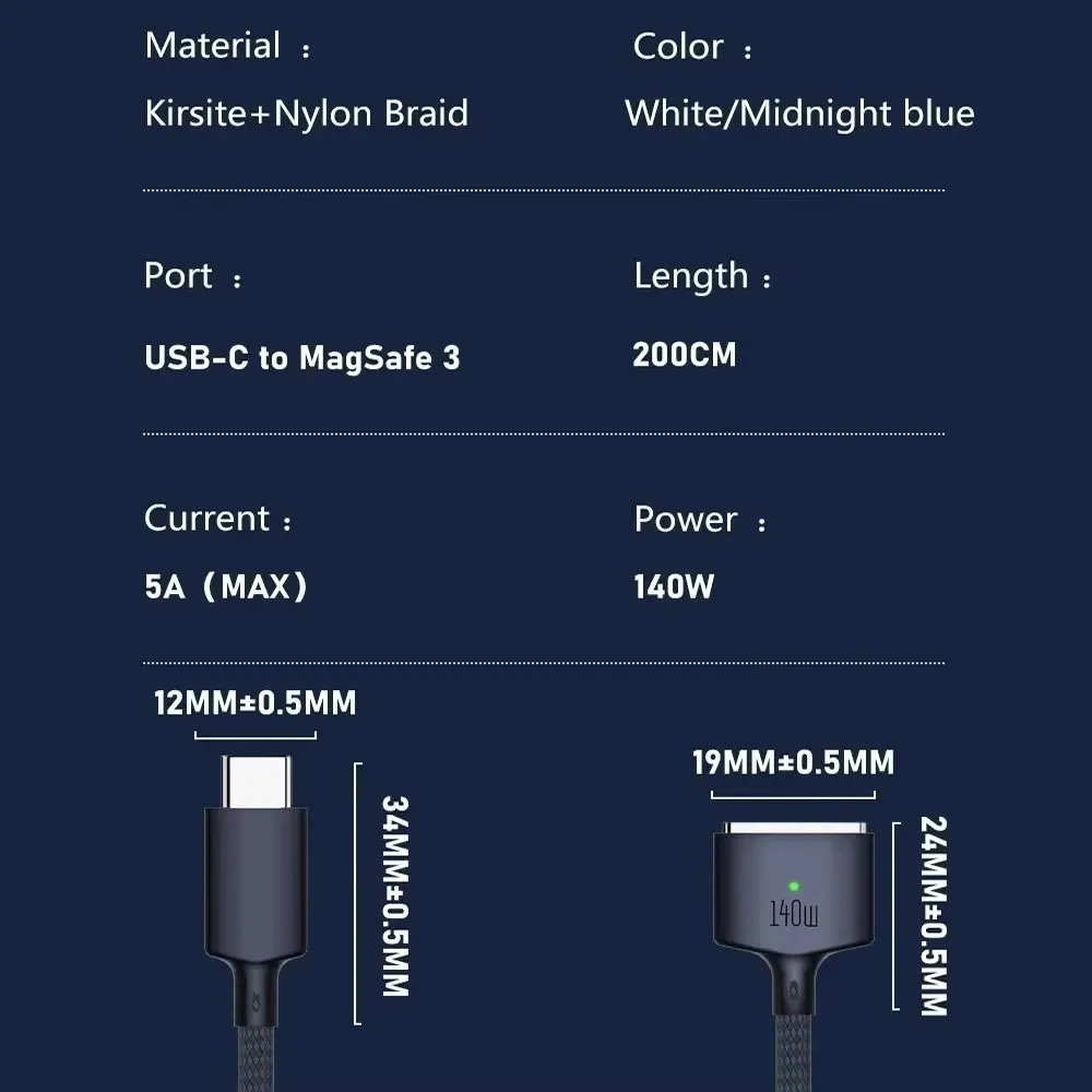 Câble de charge USB-C vers MagSafe 3 140 W, magnétique, 2 m, compatible MacBook Air/Pro A2442, A2485, A2681 6