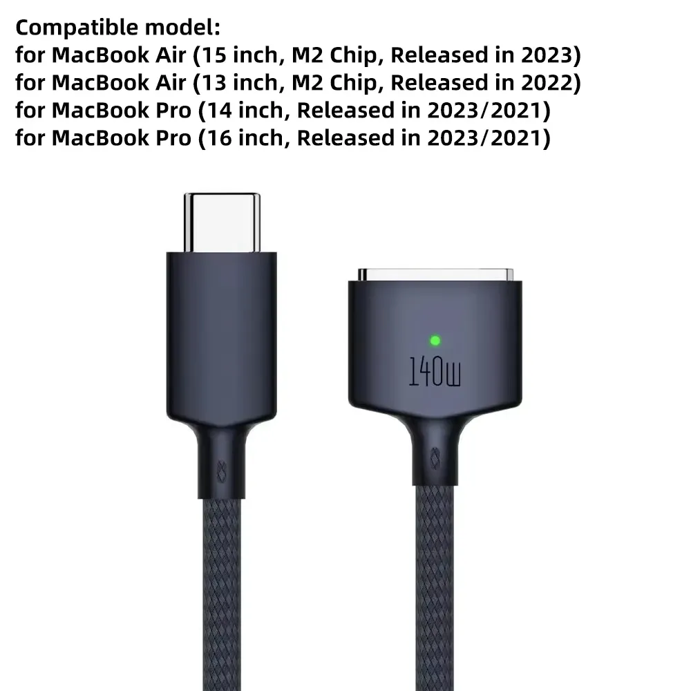 Câble de charge USB-C vers MagSafe 3 140 W, magnétique, 2 m, compatible MacBook Air/Pro A2442, A2485, A2681 8