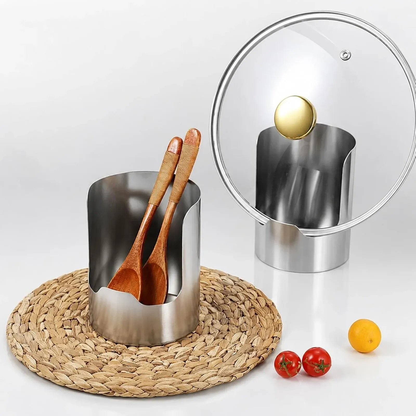 Support en acier inoxydable pour couvercles de casseroles et ustensiles, organisateur de cuisine polyvalent pour plan de travail, idéal pour cuillères, louches et planches à découper. 5