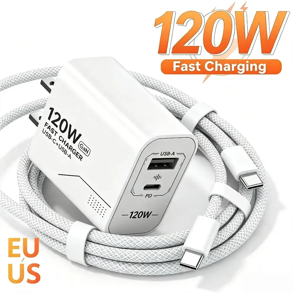 Chargeur USB-C GaN 120 W à 2 ports, charge rapide, adaptateur secteur compatible iPhone, Samsung et Xiaomi, prise US