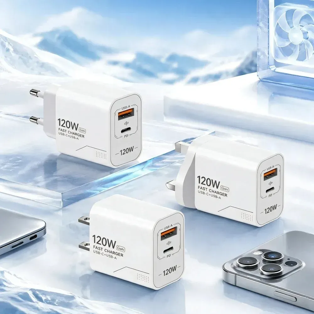 Chargeur USB-C GaN 120 W à 2 ports, charge rapide, adaptateur secteur compatible iPhone, Samsung et Xiaomi, prise US 3