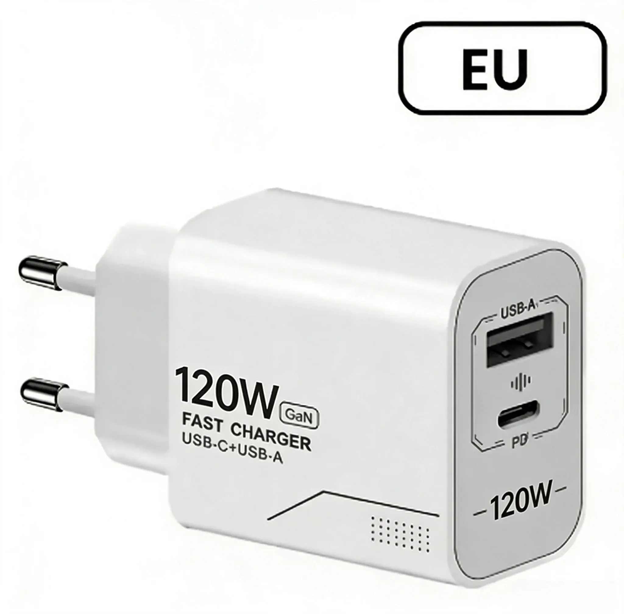 Chargeur USB-C GaN 120 W à 2 ports, charge rapide, adaptateur secteur compatible iPhone, Samsung et Xiaomi, prise US 7