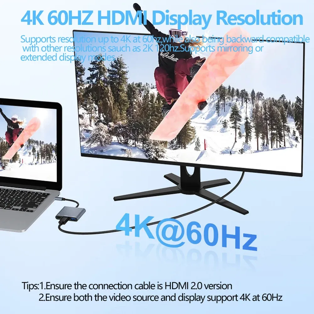 Tebe – Adaptateur hub USB 3-en-1, USB-C vers 4K 60 Hz, compatible HDMI, USB 3.0 et charge rapide 100 W PD pour MacBook, iPad, Dell et Nintendo Switch 2