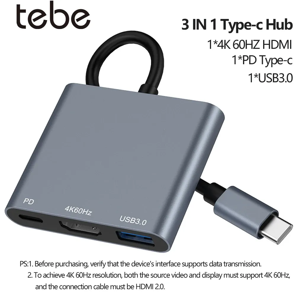 Tebe – Adaptateur hub USB 3-en-1, USB-C vers 4K 60 Hz, compatible HDMI, USB 3.0 et charge rapide 100 W PD pour MacBook, iPad, Dell et Nintendo Switch