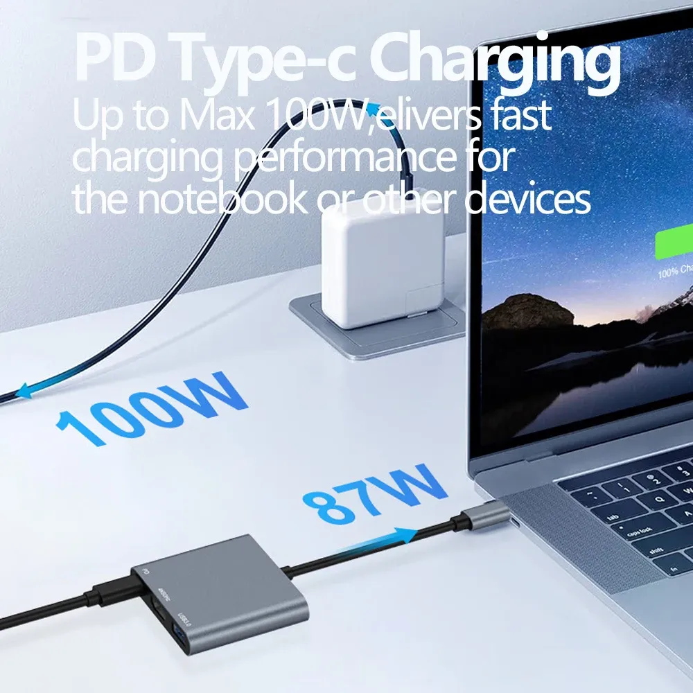 Tebe – Adaptateur hub USB 3-en-1, USB-C vers 4K 60 Hz, compatible HDMI, USB 3.0 et charge rapide 100 W PD pour MacBook, iPad, Dell et Nintendo Switch 4