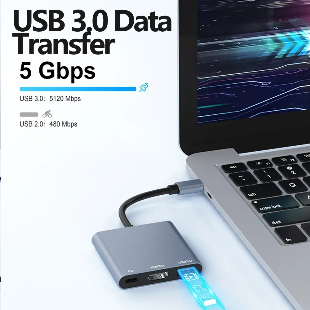 Tebe – Adaptateur hub USB 3-en-1, USB-C vers 4K 60 Hz, compatible HDMI, USB 3.0 et charge rapide 100 W PD pour MacBook, iPad, Dell et Nintendo Switch 5