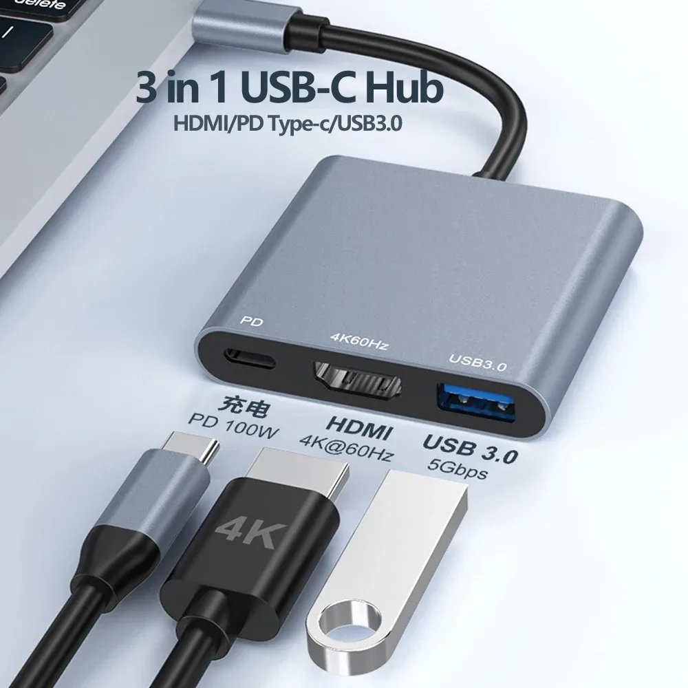 Tebe – Adaptateur hub USB 3-en-1, USB-C vers 4K 60 Hz, compatible HDMI, USB 3.0 et charge rapide 100 W PD pour MacBook, iPad, Dell et Nintendo Switch 6