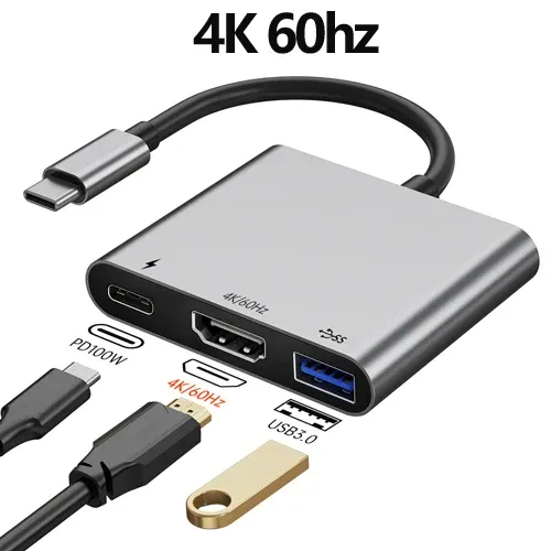 Tebe – Adaptateur hub USB 3-en-1, USB-C vers 4K 60 Hz, compatible HDMI, USB 3.0 et charge rapide 100 W PD pour MacBook, iPad, Dell et Nintendo Switch 7