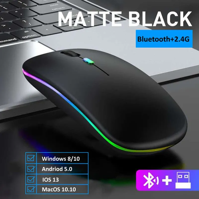 Souris sans fil ergonomique silencieuse RVB à rétroéclairage LED, connexions USB et Bluetooth, compatible ordinateur portable, PC et iPad 13
