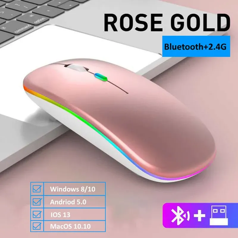 Souris sans fil ergonomique silencieuse RVB à rétroéclairage LED, connexions USB et Bluetooth, compatible ordinateur portable, PC et iPad 10