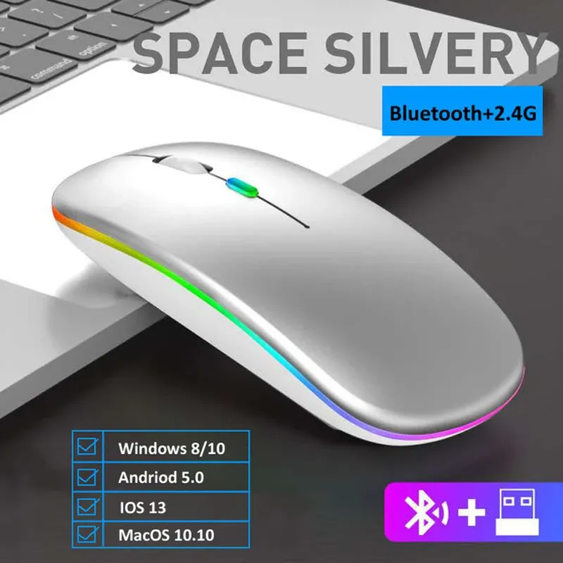 Souris sans fil ergonomique silencieuse RVB à rétroéclairage LED, connexions USB et Bluetooth, compatible ordinateur portable, PC et iPad 11