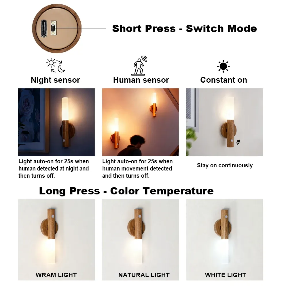 Veilleuse LED magnétique rechargeable avec détecteur de mouvement en bois, pour armoire de cuisine 2
