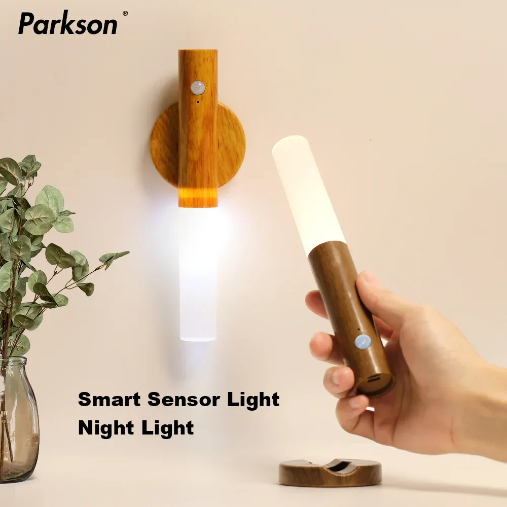 Veilleuse LED magnétique rechargeable avec détecteur de mouvement en bois, pour armoire de cuisine - Image 1