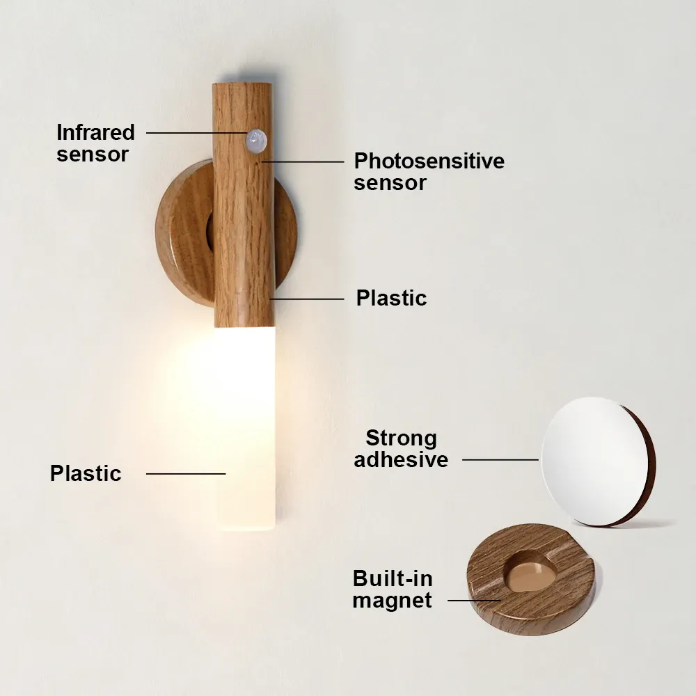 Veilleuse LED magnétique rechargeable avec détecteur de mouvement en bois, pour armoire de cuisine 3