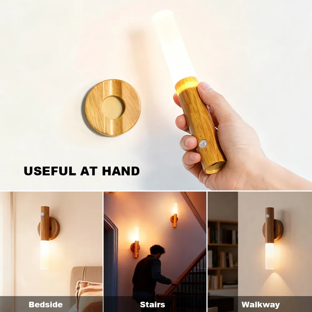Veilleuse LED magnétique rechargeable avec détecteur de mouvement en bois, pour armoire de cuisine 6