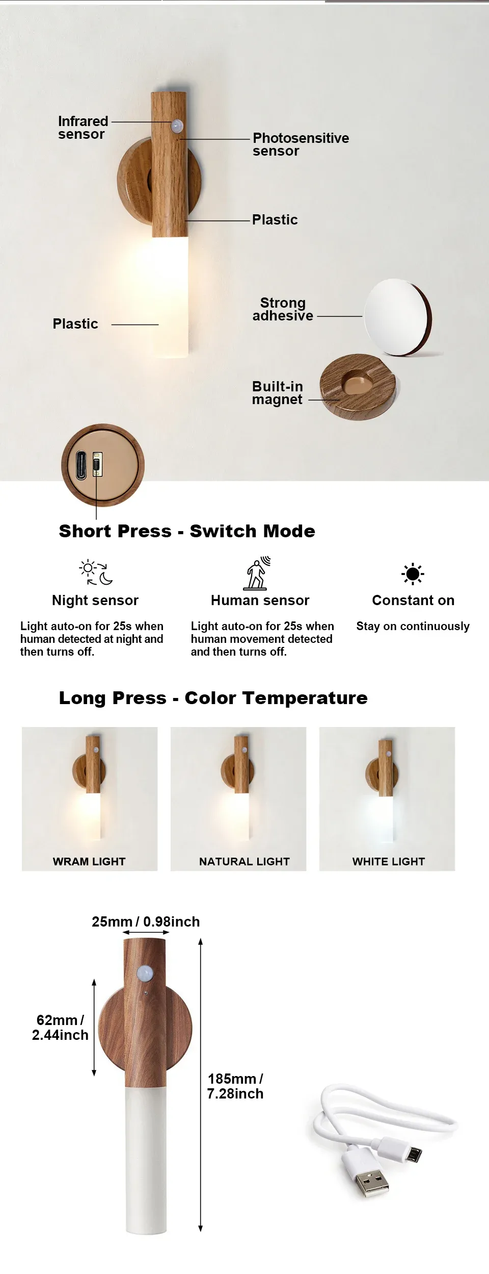 Détail de la lampe murale en bois avec veilleuse
