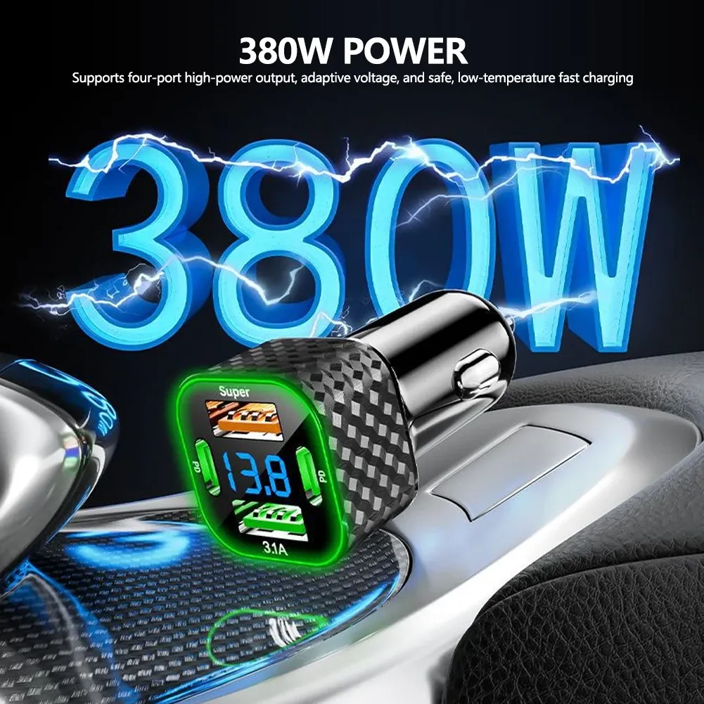 Chargeur de voiture 4 en 1 USB-C double PD avec affichage de tension, charge rapide 380 W pour iPhone, Xiaomi, Oppo, Vivo et Samsung