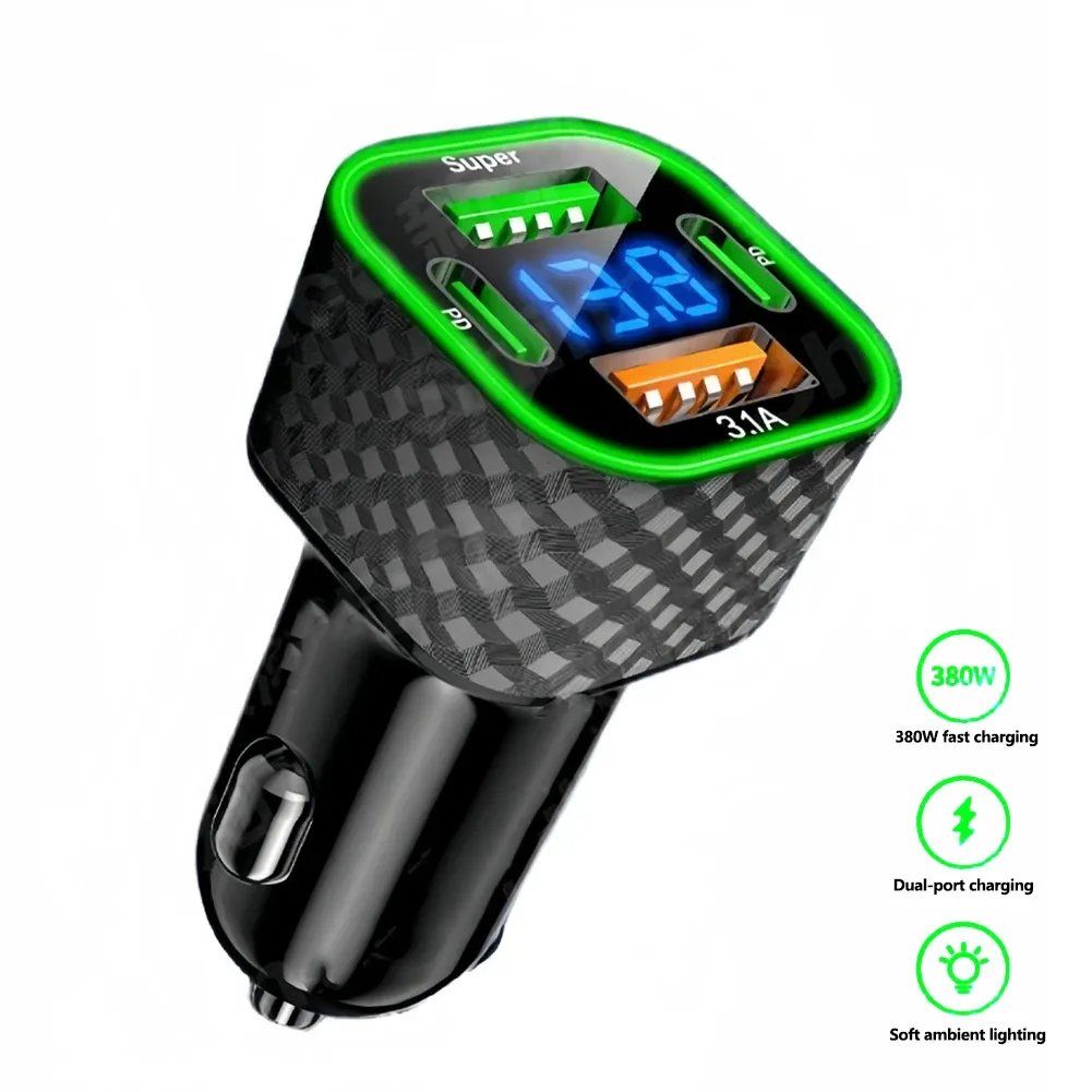 Chargeur de voiture 4 en 1 USB-C double PD avec affichage de tension, charge rapide 380 W pour iPhone, Xiaomi, Oppo, Vivo et Samsung 3
