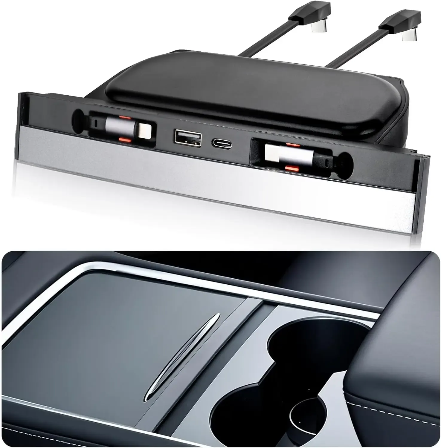 Hub USB multi-ports pour Tesla Model Y (2020-2024) et Model 3 (2020-2023) avec couvercle coulissant, chargeur rapide et câbles rétractables, étanche