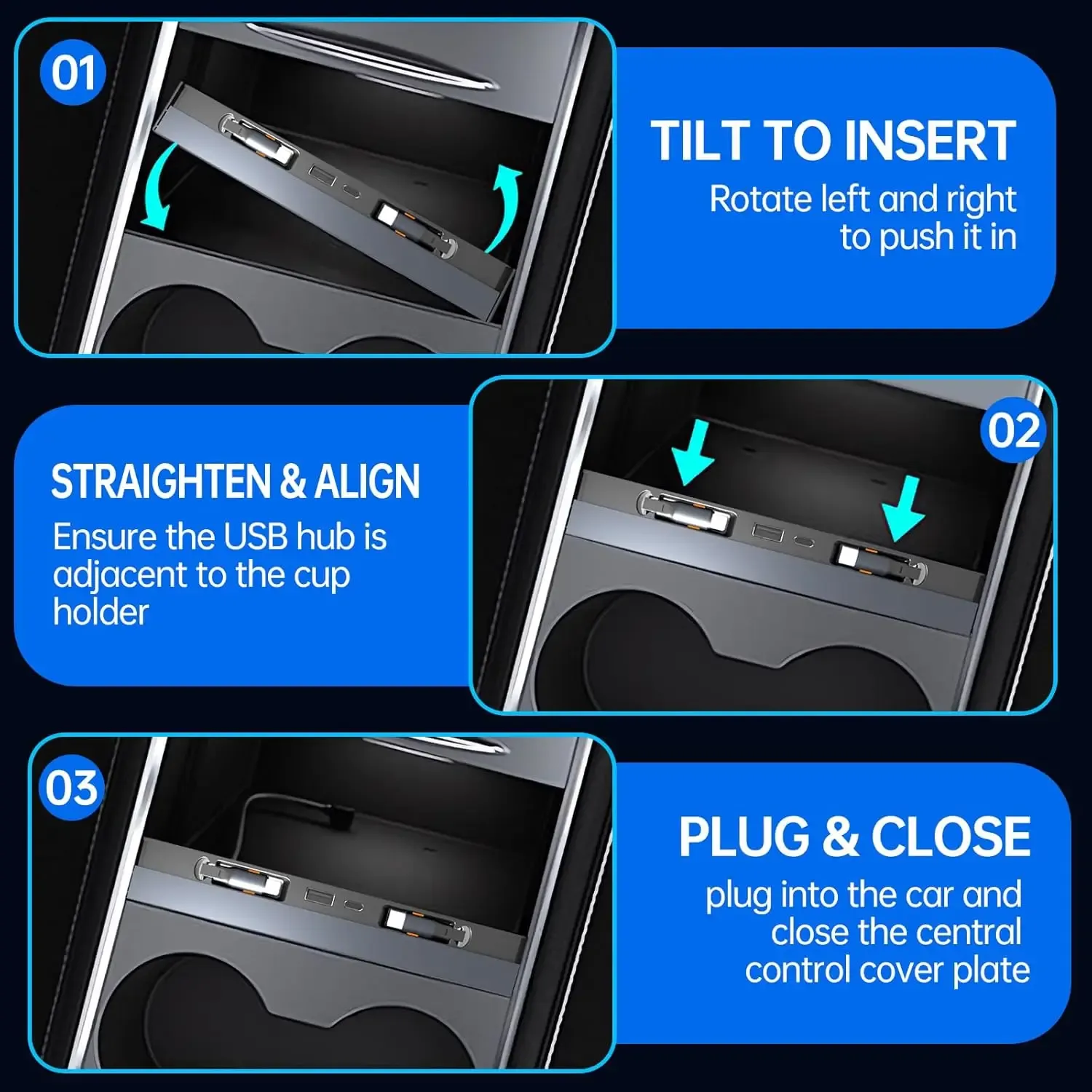 Hub USB multi-ports pour Tesla Model Y (2020-2024) et Model 3 (2020-2023) avec couvercle coulissant, chargeur rapide et câbles rétractables, étanche 3