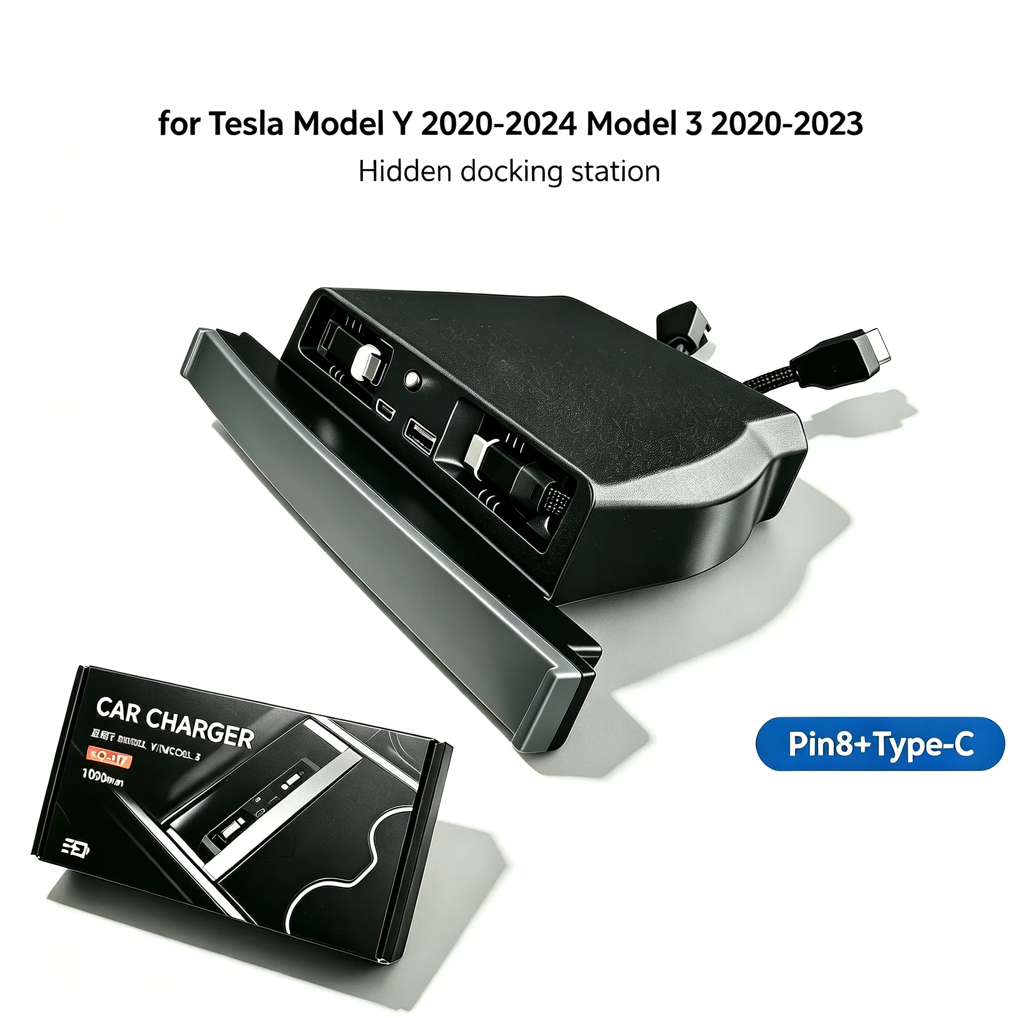 Hub USB multi-ports pour Tesla Model Y (2020-2024) et Model 3 (2020-2023) avec couvercle coulissant, chargeur rapide et câbles rétractables, étanche 8