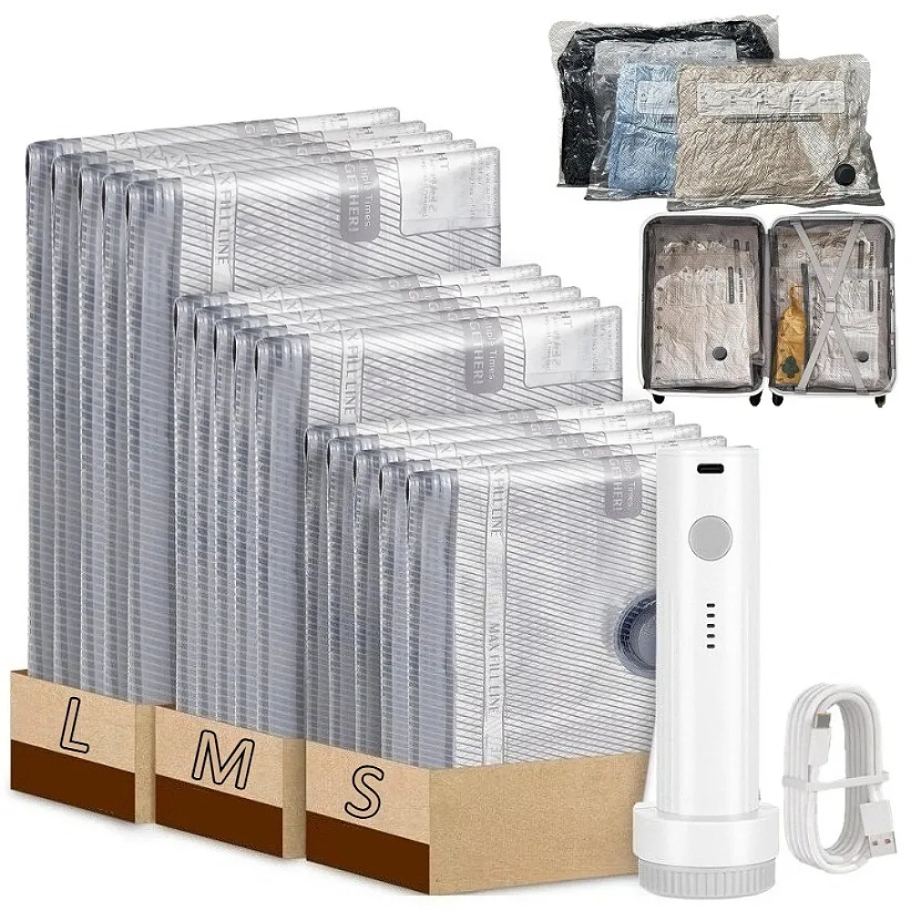 15/12/9 Sacs de rangement sous vide avec pompe électrique, sacs de compression réutilisables pour vêtements, bagages de voyage et literie 1