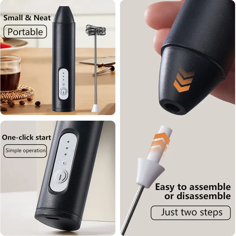 Mousseur à lait électrique amélioré, fouet de cuisine 3 en 1 avec batteur à œufs, mini mélangeur alimentaire, rechargeable par USB, outil portable à trois vitesses pour expresso 5