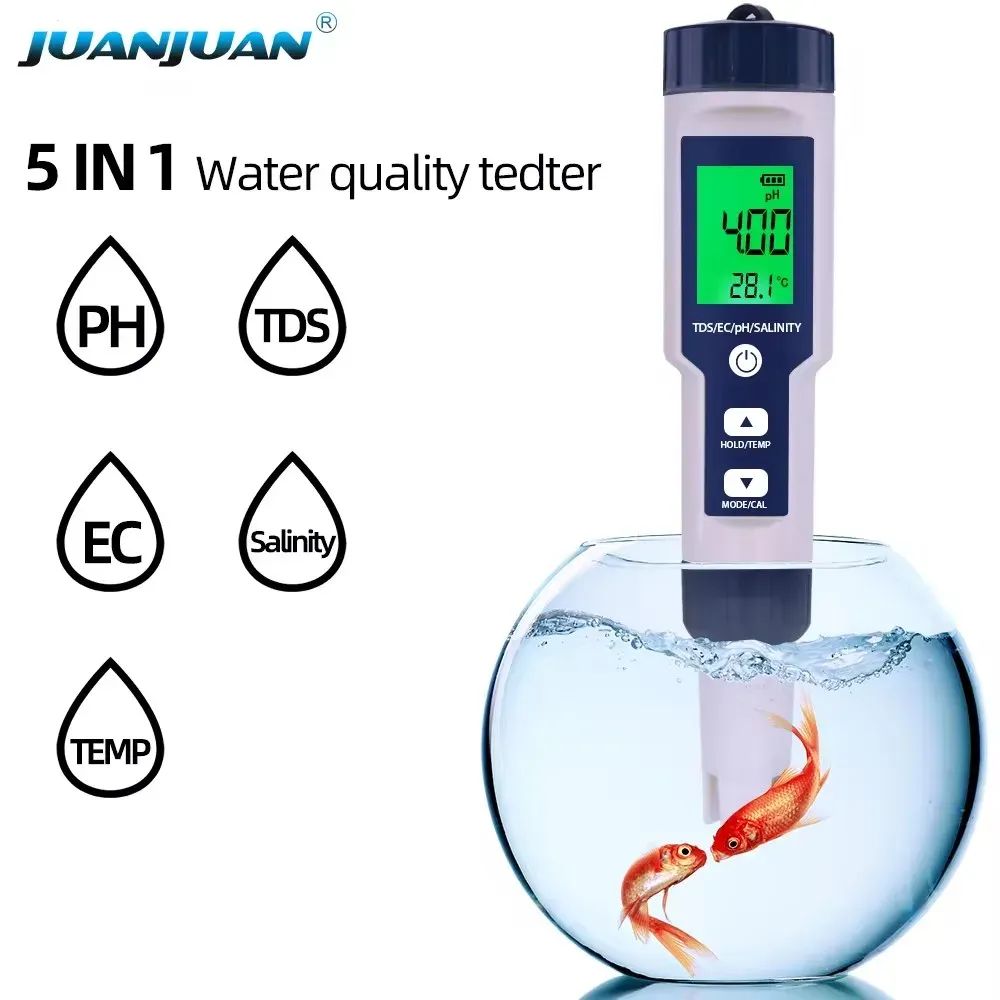 Stylo testeur numérique 5 en 1 (pH, TDS, CE, température, salinité) avec rétroéclairage pour aquarium - Image 1