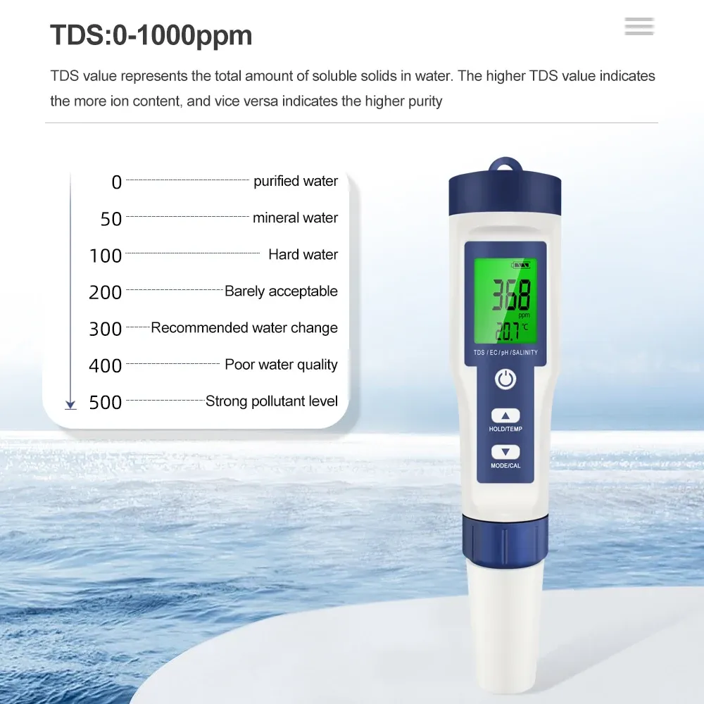 Stylo testeur numérique 5 en 1 (pH, TDS, CE, température, salinité) avec rétroéclairage pour aquarium 4