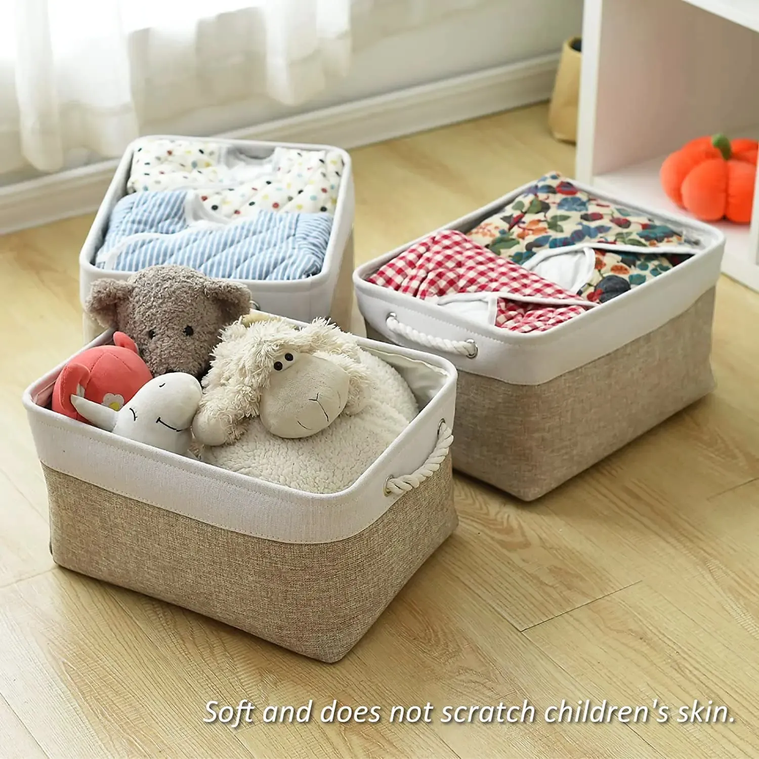 Panier de rangement pliable en tissu, boîte de rangement en lin pour chambre d'enfant, panier pliable en toile pour étagère, organisateur de placard et de chambre à coucher 4