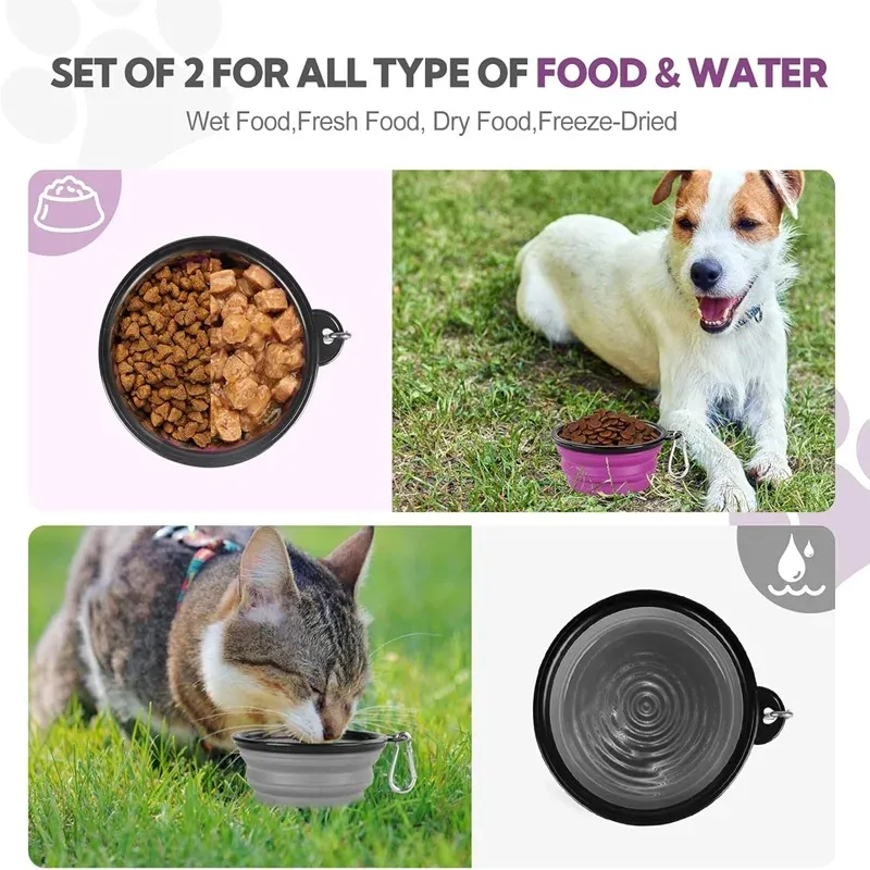 Mangeoire et abreuvoir pliable en silicone pour chien et chat, distributeur 2 en 1 avec mousqueton, idéal pour les voyages et le plein air 2