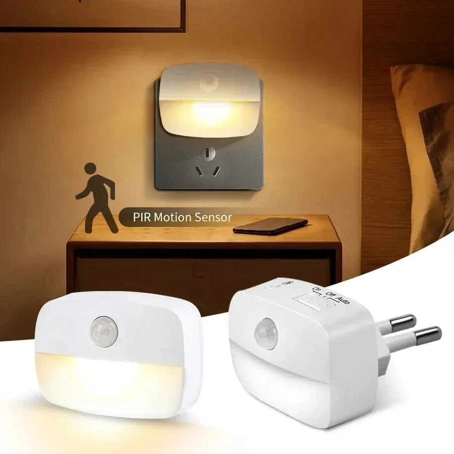 Veilleuse LED avec capteur de mouvement, prise UE/US, AC 85-265 V, PIR, lampe à induction humaine, 3 couleurs, prise murale pour chambre à coucher et couloir - Image 1