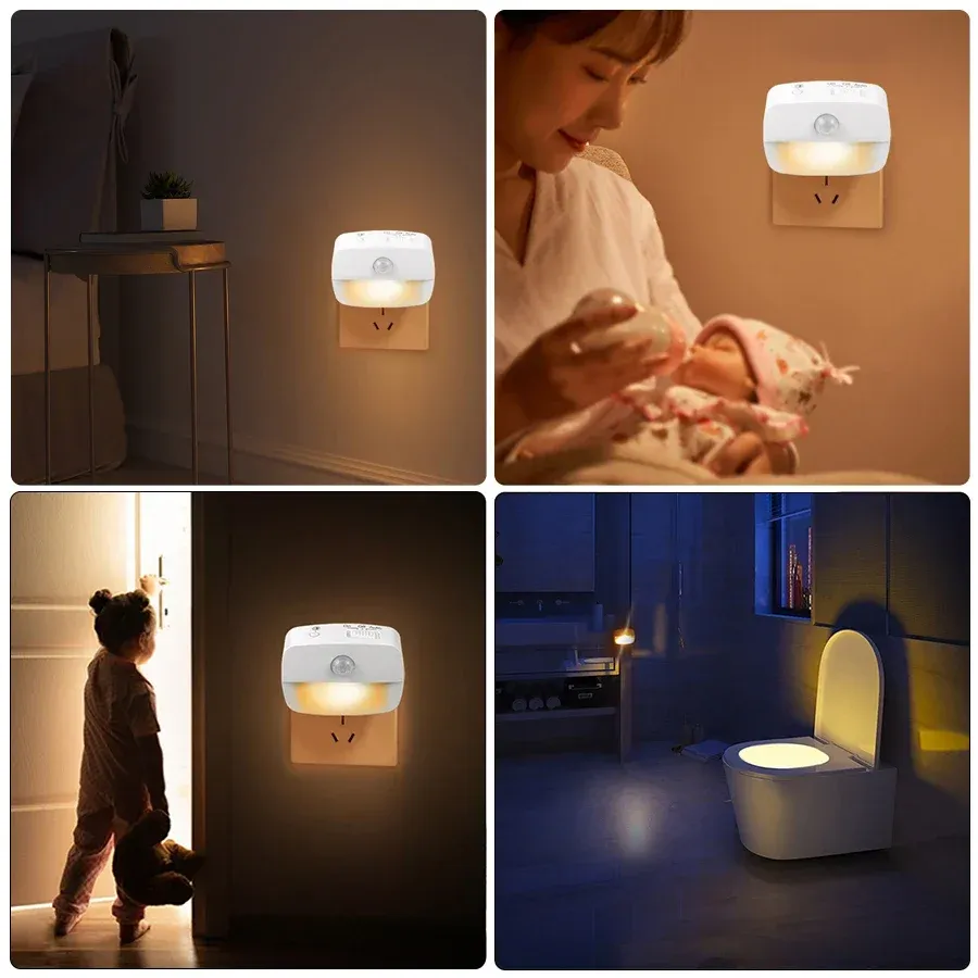 Veilleuse LED avec capteur de mouvement, prise UE/US, AC 85-265 V, PIR, lampe à induction humaine, 3 couleurs, prise murale pour chambre à coucher et couloir 3