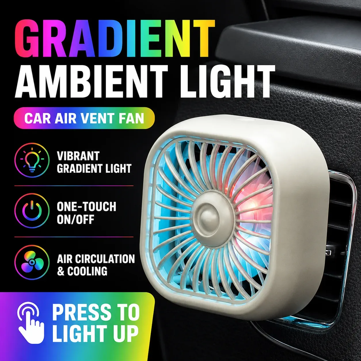 Mini ventilateur USB pour voiture à 3 vitesses, fixation sur grille d'aération, éclairage coloré, refroidissement automatique