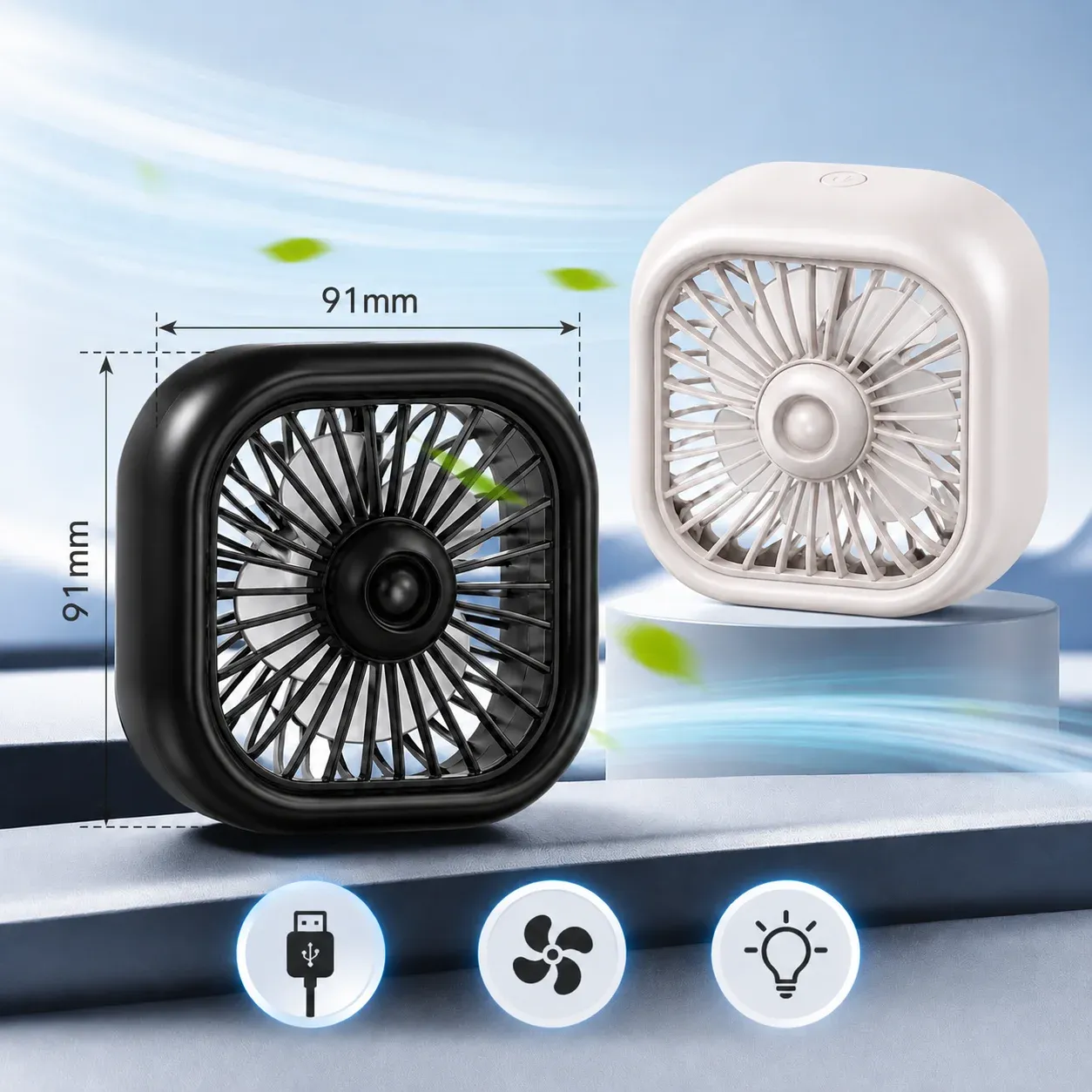 Mini ventilateur USB pour voiture à 3 vitesses, fixation sur grille d'aération, éclairage coloré, refroidissement automatique 5