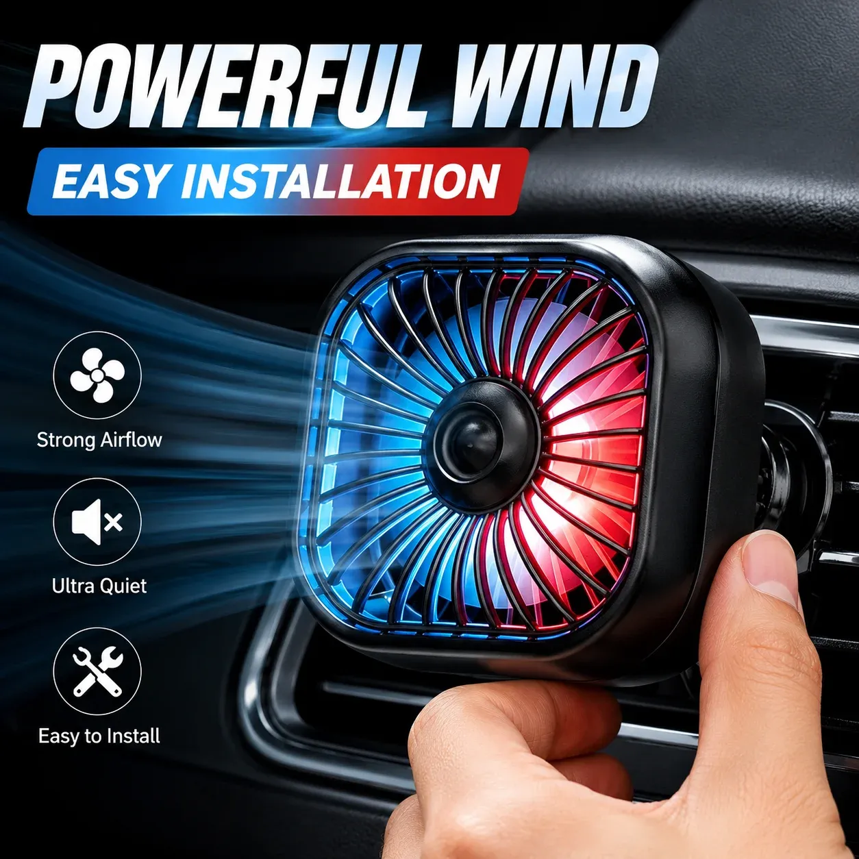 Mini ventilateur USB pour voiture fixé sur une grille d'aération