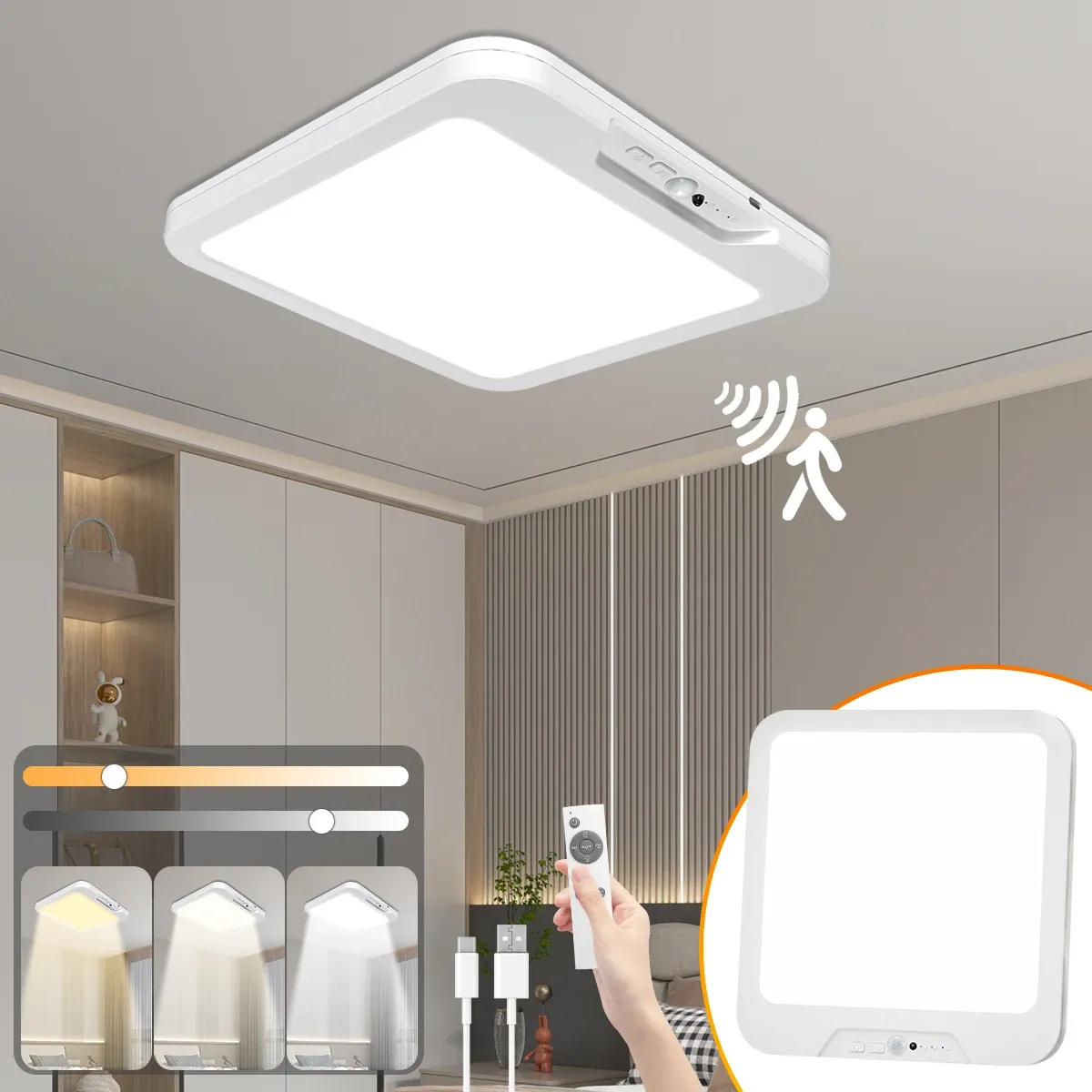 Plafonnier LED rechargeable avec détecteur de mouvement, télécommande, 3 températures de couleur, minuterie et montage sans fil