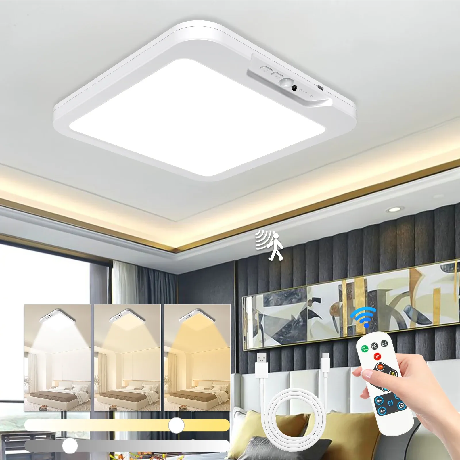 Plafonnier LED rechargeable avec détecteur de mouvement, télécommande, 3 températures de couleur, minuterie et montage sans fil 8