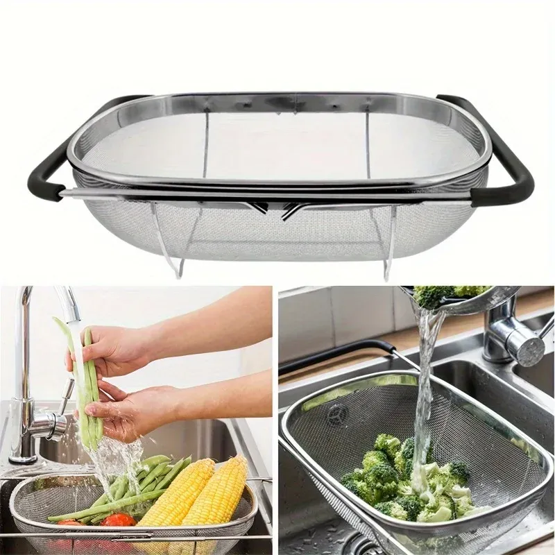 Passoire en acier inoxydable à poignée télescopique, panier à mailles métalliques pour laver les fruits, lot de 1 1