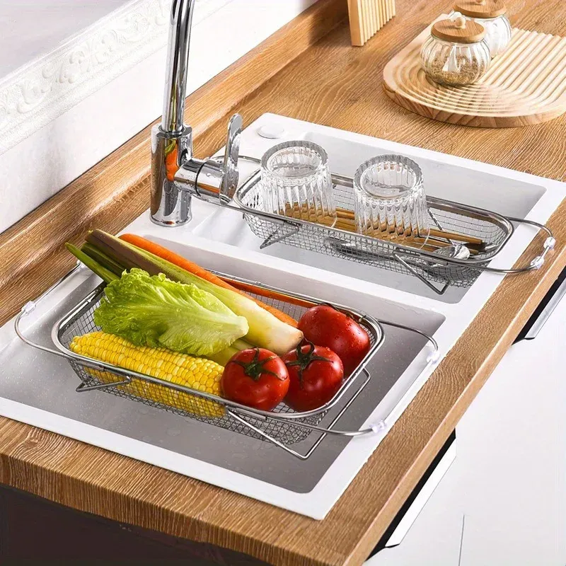 Passoire en acier inoxydable à poignée télescopique, panier à mailles métalliques pour laver les fruits, lot de 1 2