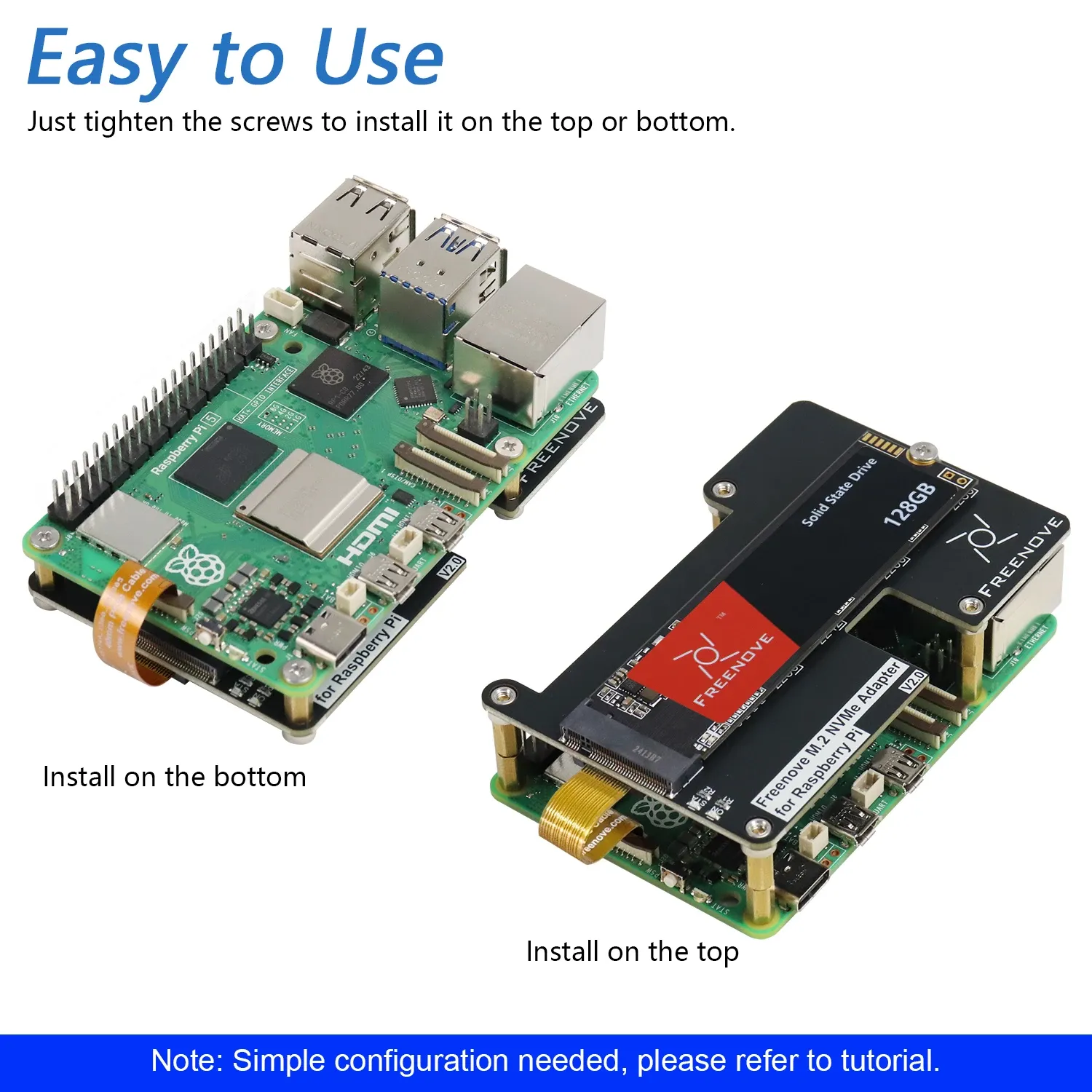 Adaptateur Freenove M.2 NVMe V2 pour Raspberry Pi 5, compatible SSD 128 Go, 256 Go et 512 Go, carte d'extension M.2 HAT, PCIe 2.0 et 3.0, jusqu'à 800 Mo/s 4