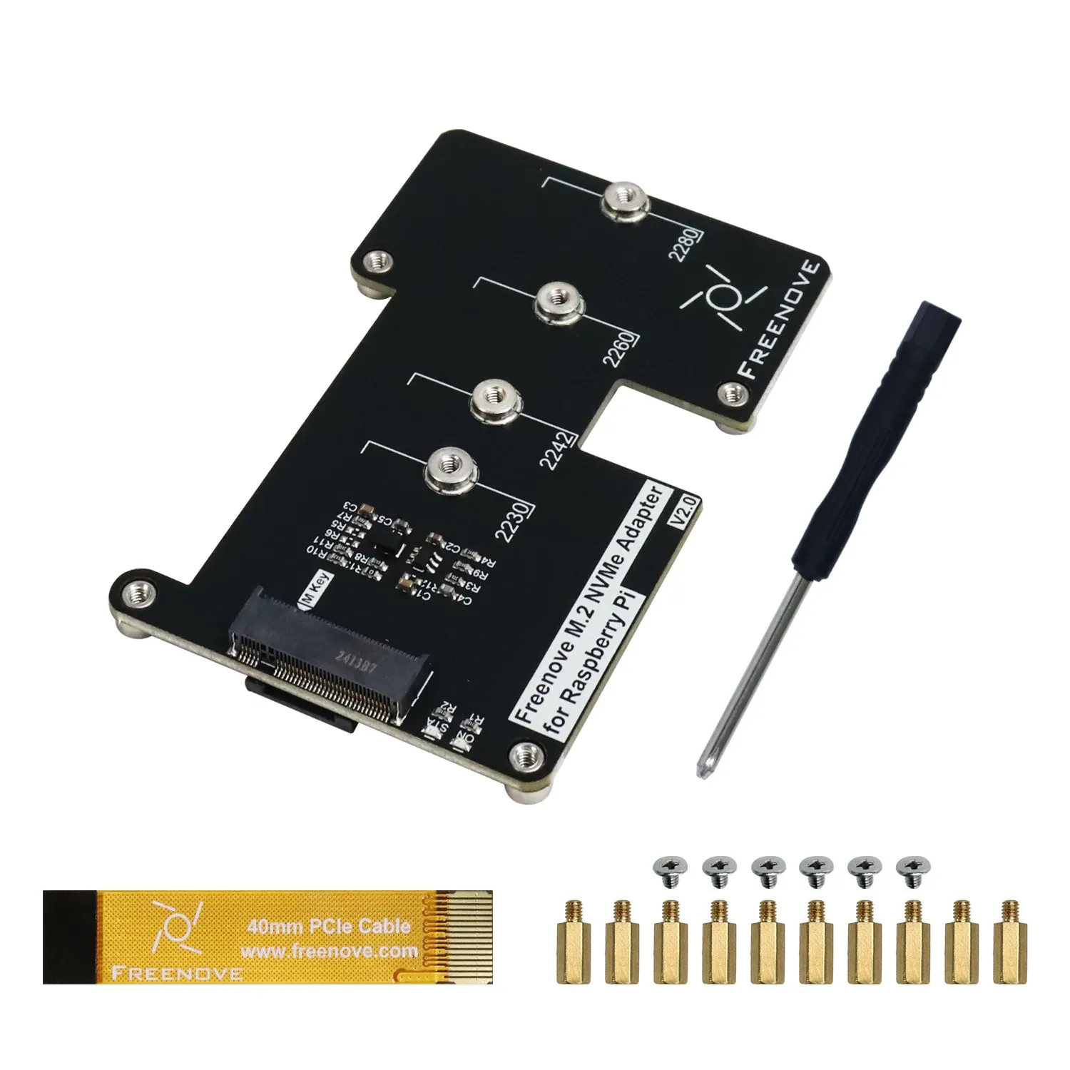 Adaptateur Freenove M.2 NVMe V2 pour Raspberry Pi 5, compatible SSD 128 Go, 256 Go et 512 Go, carte d'extension M.2 HAT, PCIe 2.0 et 3.0, jusqu'à 800 Mo/s 10
