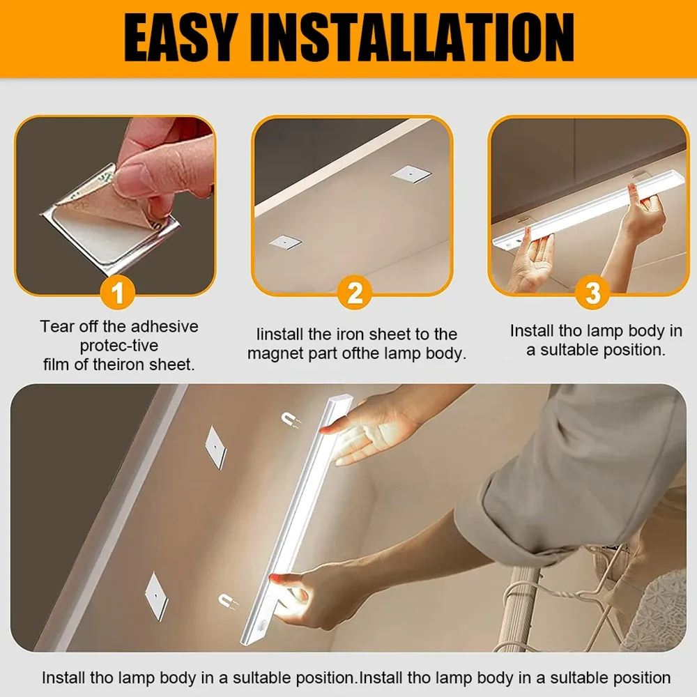 Lampe LED rechargeable par USB avec capteur de mouvement, portable, pour éclairage sous armoire, cuisine et chambre 3