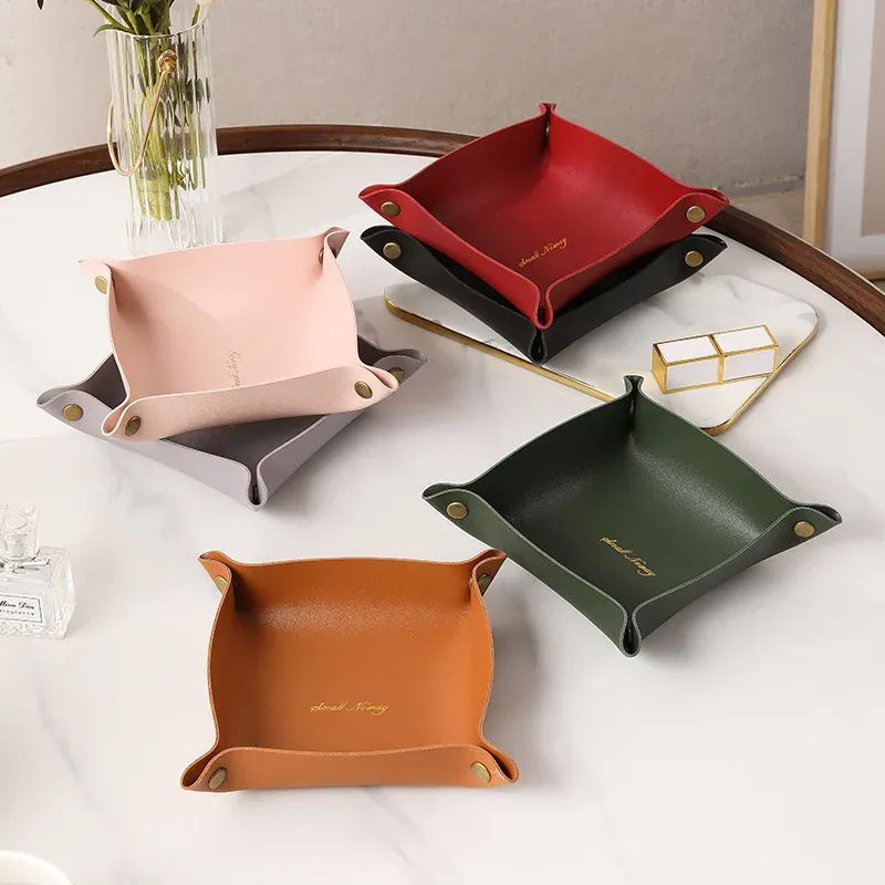Plateau de rangement en cuir de style nordique, organisateur de bureau pour clés et bijoux, boîte de rangement cosmétiques, organisateur pliant, décoration d'intérieur 3