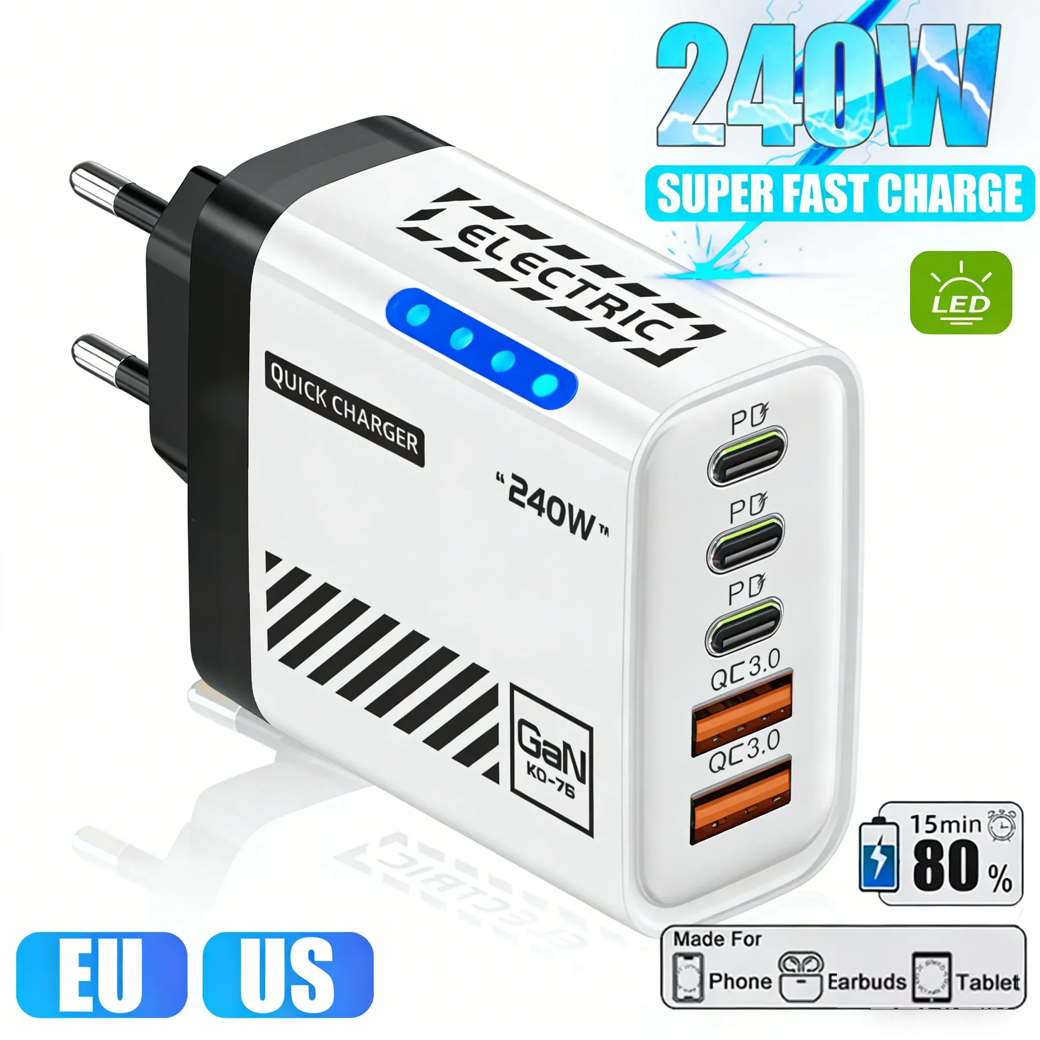 Chargeur USB-C GaN 240 W 5 en 1 Power Delivery 3.0 – Prises EU, US et UK 1