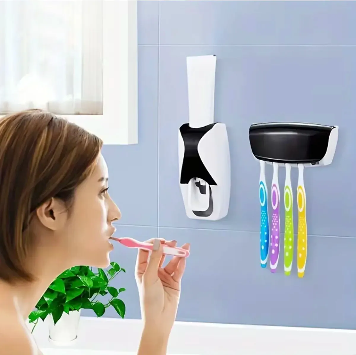 Vue détaillée du porte-brosse à dents et du distributeur de dentifrice