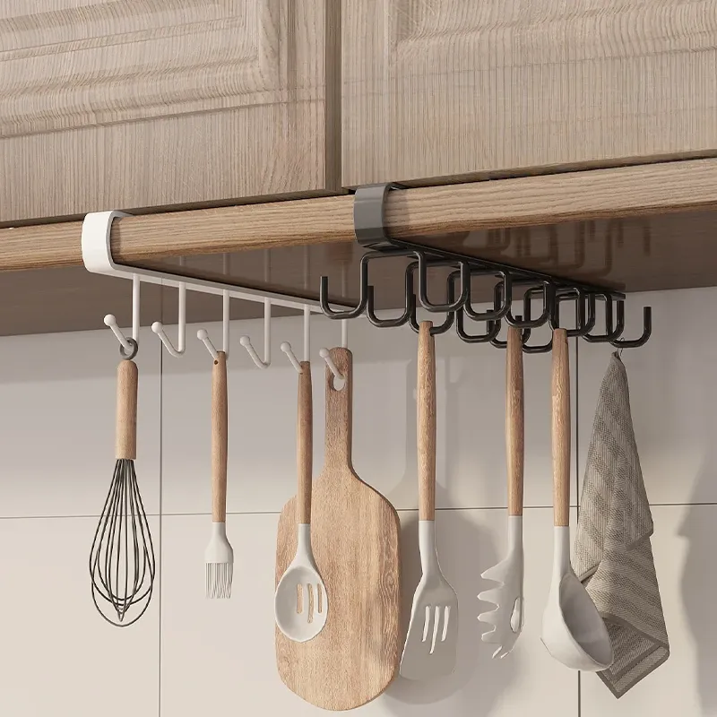 Crochet de suspension pour étagère inférieure d'armoire de cuisine, sans perçage, support en tissu avec 6 crochets, porte-spatule - Image 1
