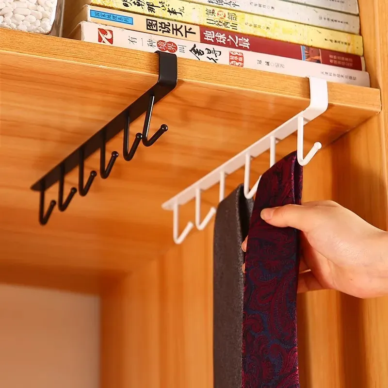 Crochet de suspension pour étagère inférieure d'armoire de cuisine, sans perçage, support en tissu avec 6 crochets, porte-spatule 4