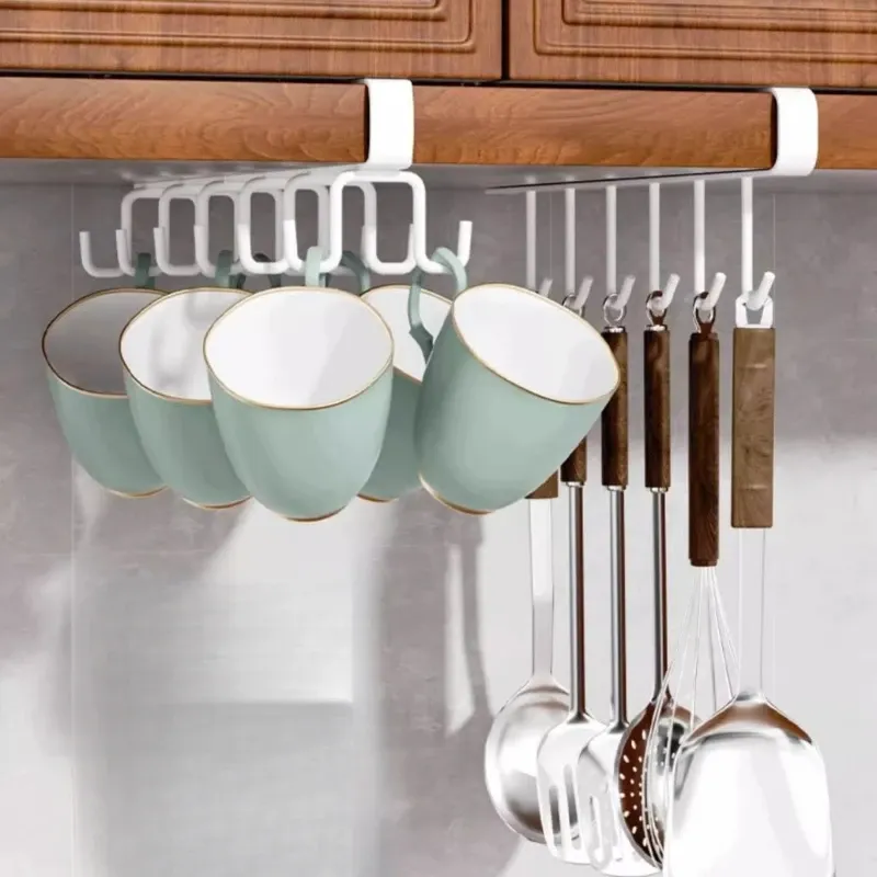 Crochet de suspension pour étagère inférieure d'armoire de cuisine, sans perçage, support en tissu avec 6 crochets, porte-spatule 6